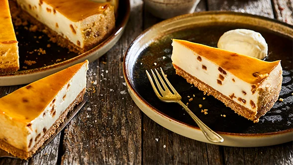 Chefs Selections Premium Gluten Free Salted Caramel Ricotta cheesecake on a serving plate