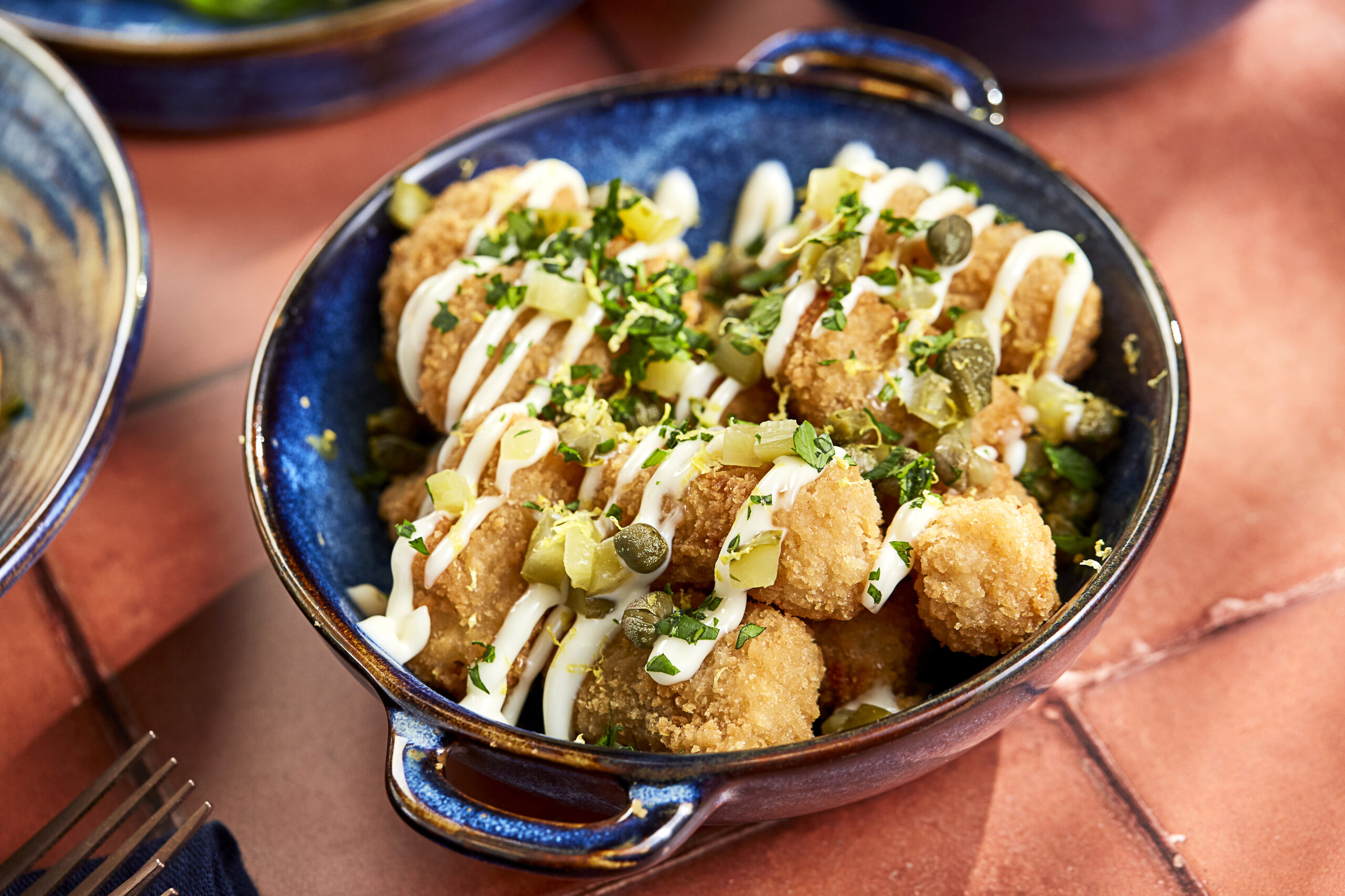 Scampi with Lemon Mayo, Capers & Gherkins